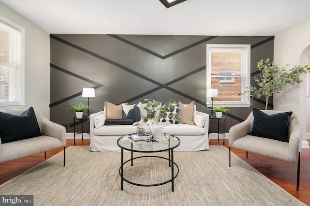 living room with wood-type flooring and a wealth of natural light