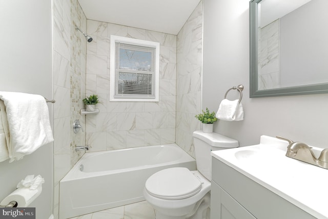 full bathroom with toilet, marble finish floor, bathtub / shower combination, and vanity