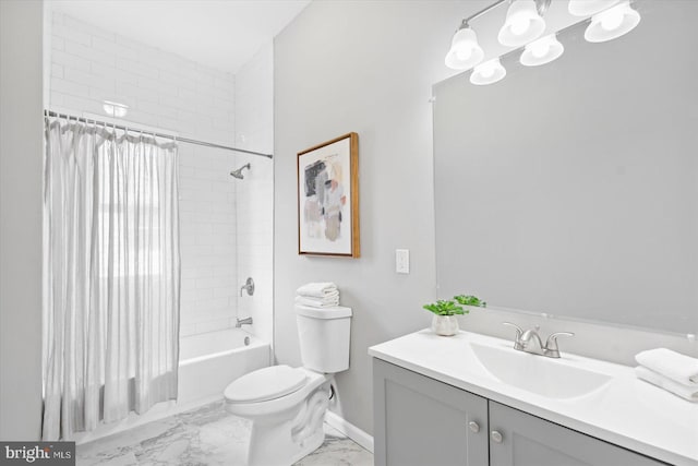 full bathroom featuring shower / bathtub combination with curtain, vanity, and toilet