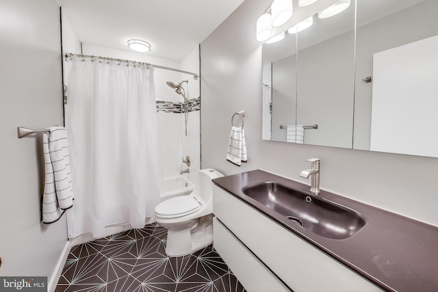 bathroom featuring toilet, shower / bathtub combination with curtain, and vanity