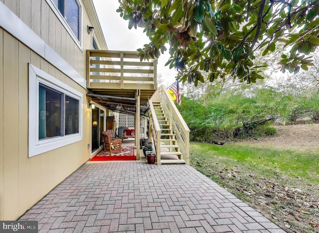 view of patio / terrace featuring stairway