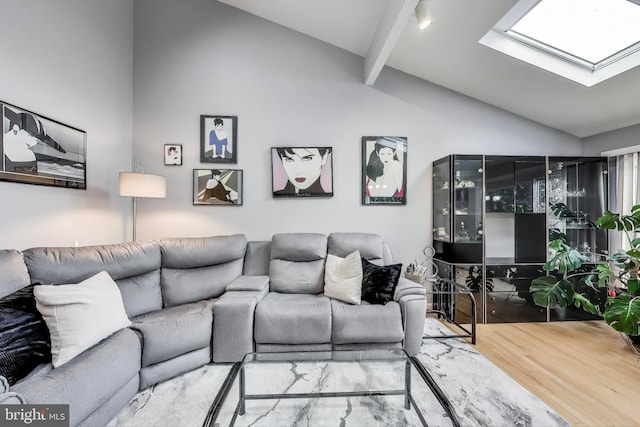 living area with lofted ceiling with skylight and wood finished floors