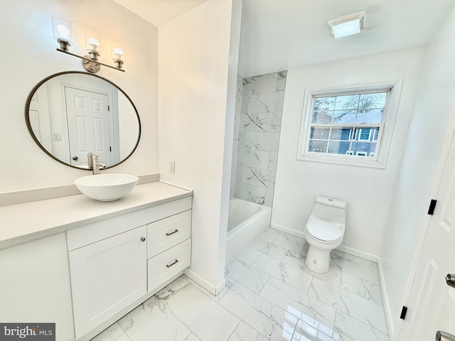 full bath featuring vanity, baseboards, shower / tub combination, toilet, and marble finish floor