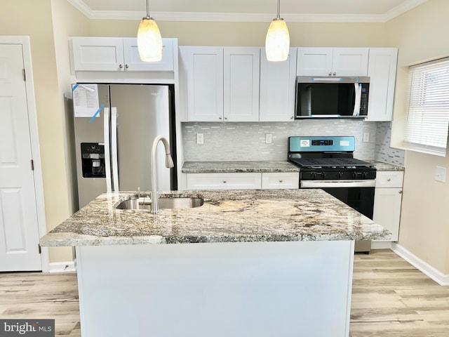 kitchen featuring white cabinetry, ornamental molding, stainless steel appliances, and a sink