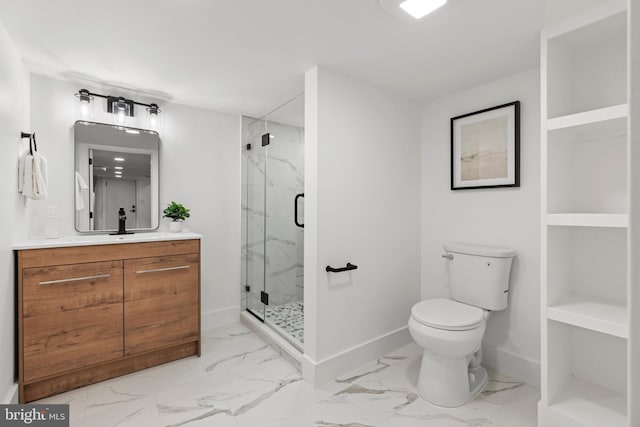 bathroom with marble finish floor, a marble finish shower, toilet, and baseboards