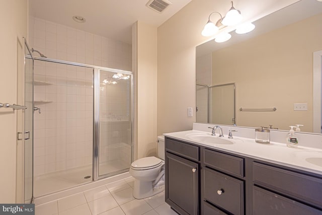 full bath featuring a stall shower, visible vents, toilet, tile patterned floors, and a sink