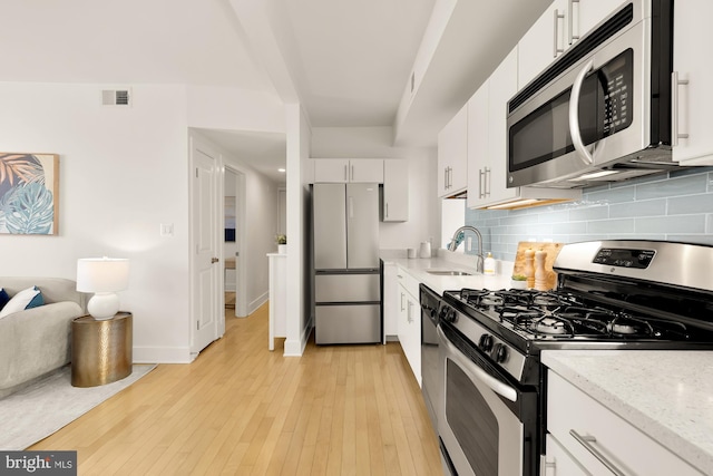 kitchen featuring decorative backsplash, visible vents, a sink, stainless steel appliances, and white cabinets