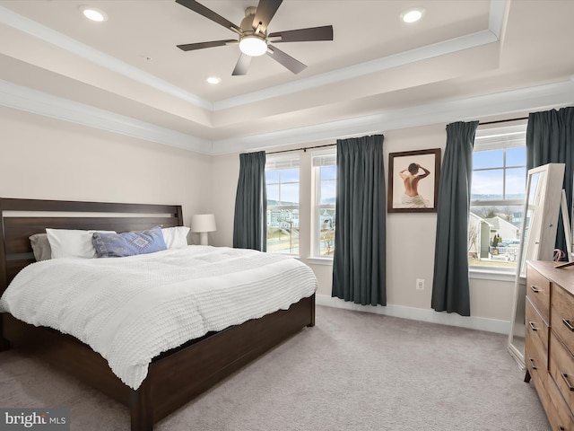 bedroom featuring multiple windows, a raised ceiling, and light colored carpet