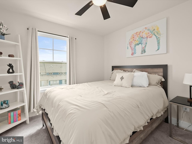 bedroom featuring ceiling fan and carpet flooring