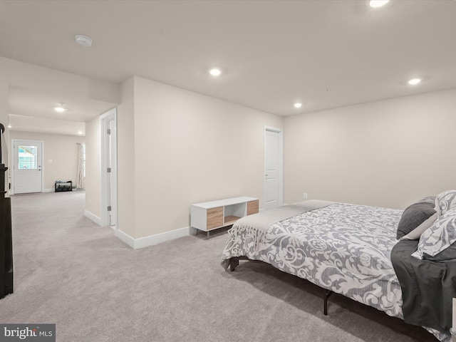 bedroom with baseboards, carpet floors, and recessed lighting