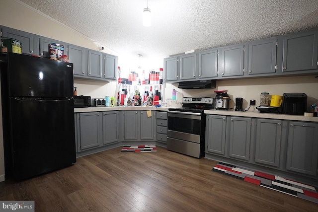 kitchen with gray cabinets, black appliances, under cabinet range hood, and light countertops