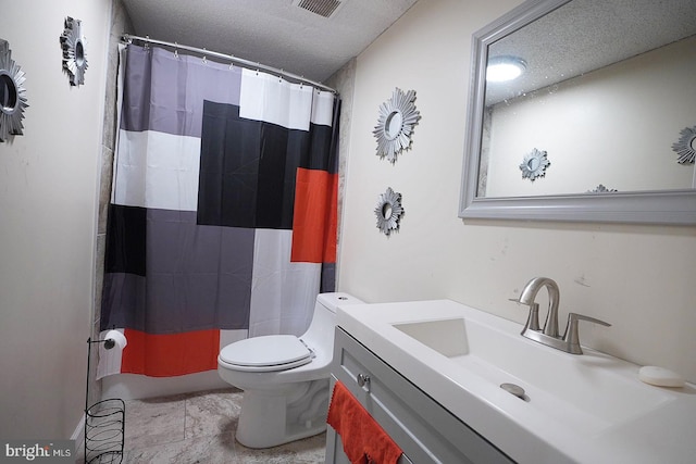 bathroom with visible vents, toilet, curtained shower, a textured ceiling, and vanity