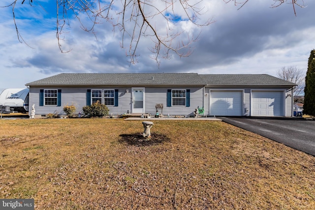 single story home with a garage, aphalt driveway, and a front yard