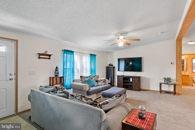 carpeted living area with ceiling fan, baseboards, and a textured ceiling