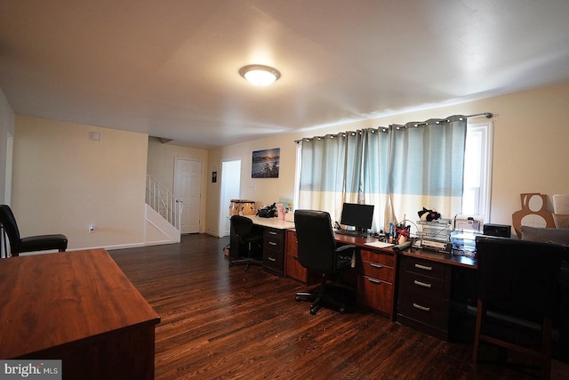 home office featuring dark wood-style floors