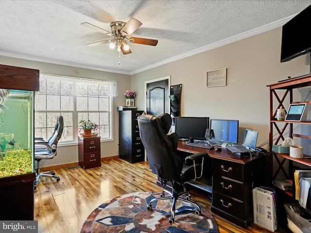 office featuring baseboards, a ceiling fan, ornamental molding, wood finished floors, and a textured ceiling