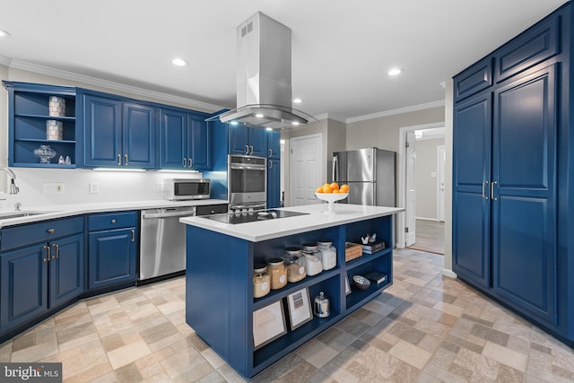 kitchen with stainless steel appliances, island exhaust hood, open shelves, and a sink