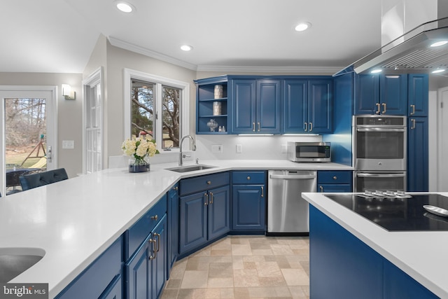 kitchen featuring a sink, light countertops, wall chimney range hood, appliances with stainless steel finishes, and plenty of natural light