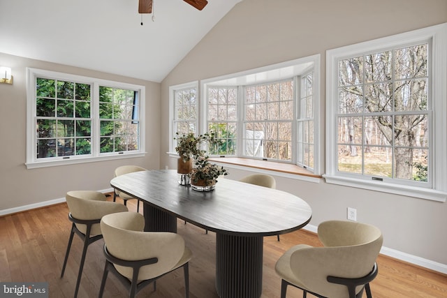 dining area featuring lofted ceiling, light wood-type flooring, and baseboards