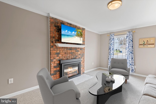 carpeted living room with ornamental molding, a fireplace, and baseboards