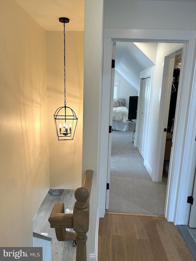 hallway with an inviting chandelier, vaulted ceiling, carpet, and wood finished floors