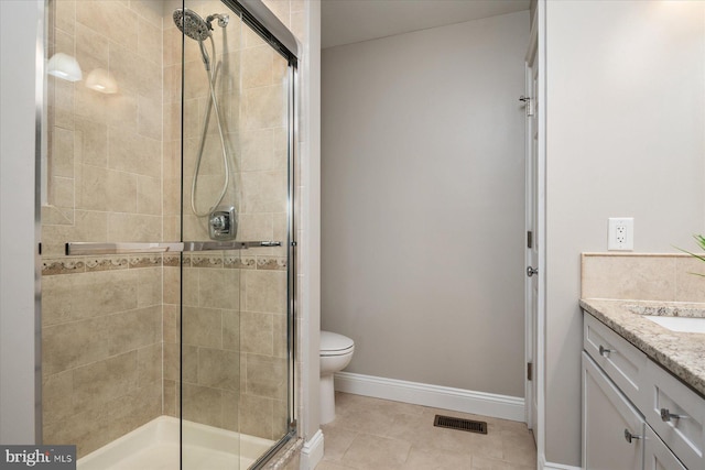 full bathroom with tile patterned flooring, visible vents, baseboards, vanity, and a shower stall