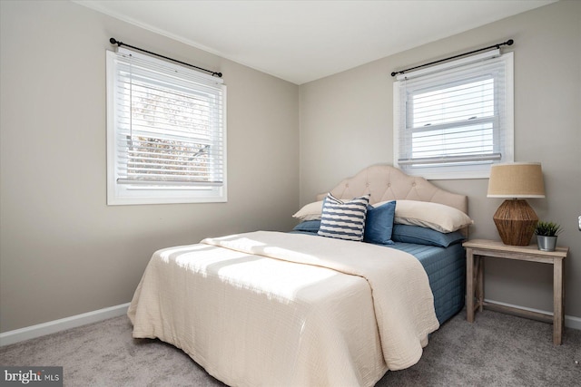 bedroom with light carpet, baseboards, and multiple windows