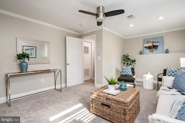 living area with ornamental molding, light colored carpet, and visible vents