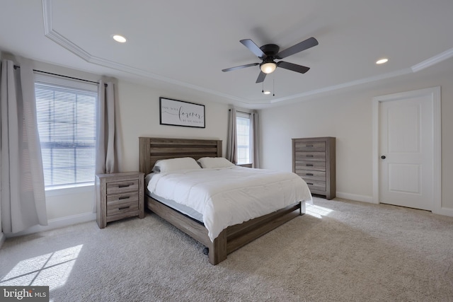 bedroom with light carpet, baseboards, ornamental molding, recessed lighting, and ceiling fan