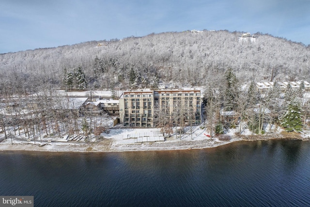 snowy aerial view featuring a water view