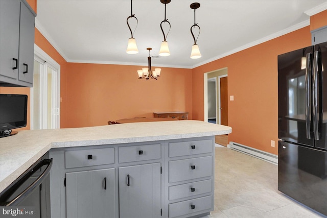 kitchen featuring baseboard heating, black appliances, a peninsula, and gray cabinets