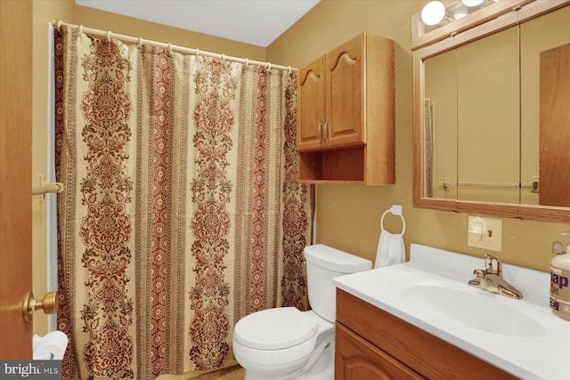 full bath featuring a shower with curtain, toilet, and vanity