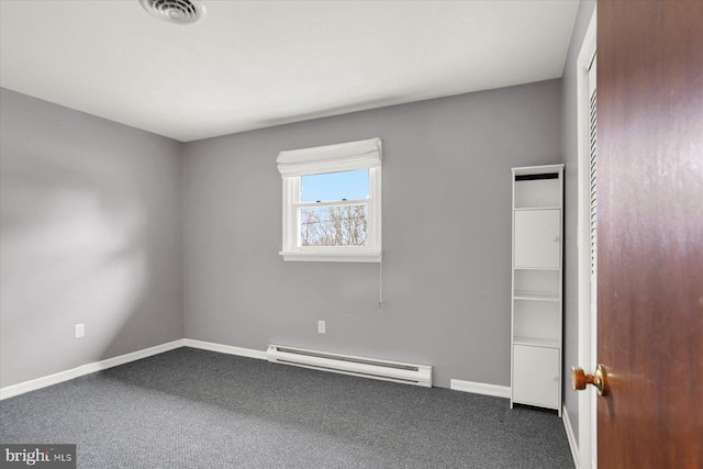 empty room featuring visible vents, carpet floors, baseboards, and a baseboard radiator