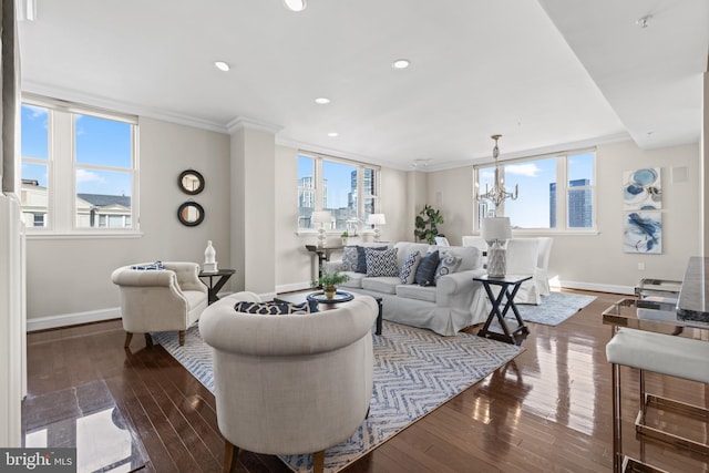 living room with a view of city, baseboards, dark wood-style flooring, and recessed lighting