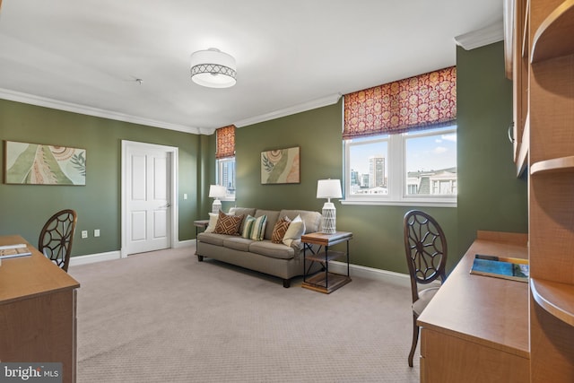 home office featuring baseboards, light colored carpet, and crown molding