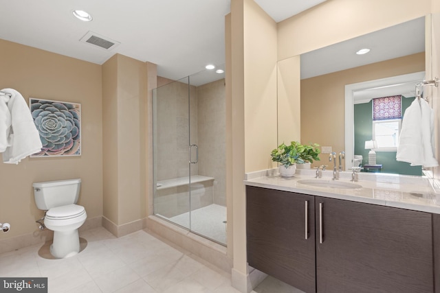 full bath with visible vents, toilet, vanity, a shower stall, and tile patterned floors