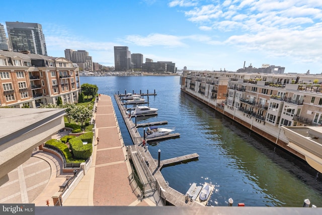 property view of water with a boat dock and a city view