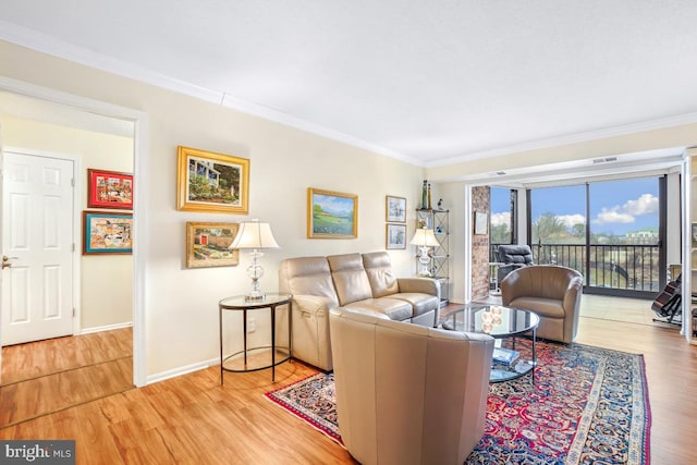 living room featuring light wood-type flooring, baseboards, and ornamental molding