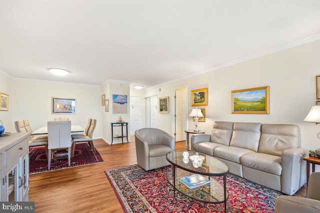 living room with baseboards, wood finished floors, and crown molding