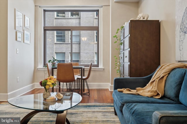 living area featuring baseboards and wood finished floors