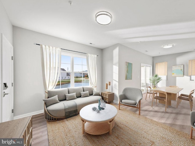 living room featuring light wood-type flooring, plenty of natural light, and baseboards