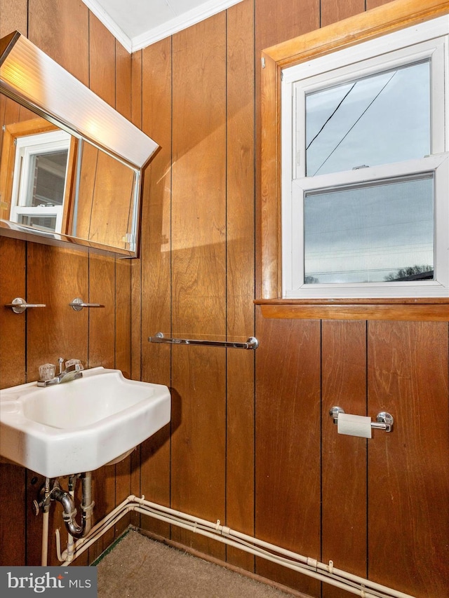 bathroom with a sink and wooden walls