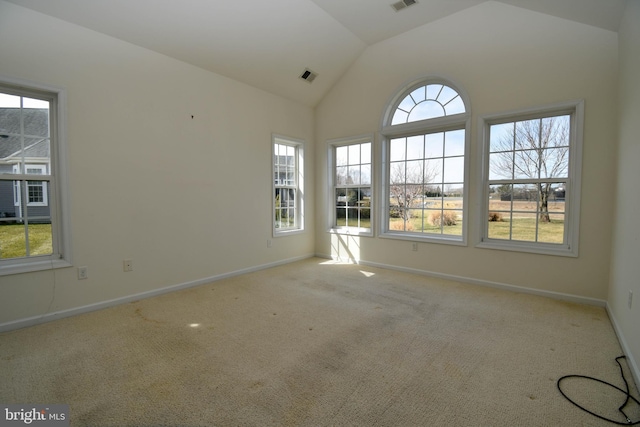 unfurnished room featuring visible vents, baseboards, and carpet floors