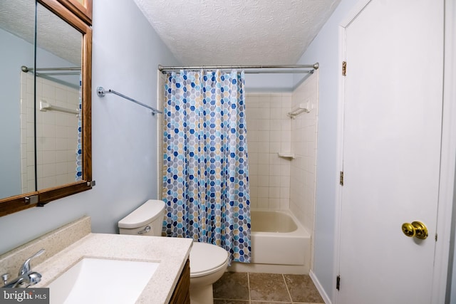 full bathroom with a textured ceiling, tile patterned flooring, toilet, vanity, and shower / bath combo