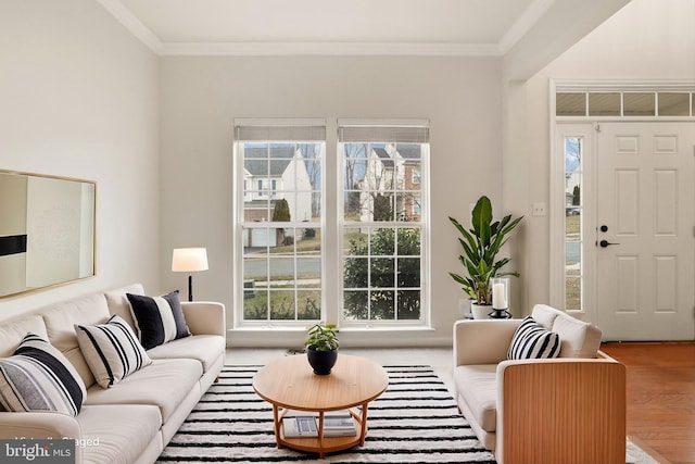 living room featuring wood finished floors and crown molding