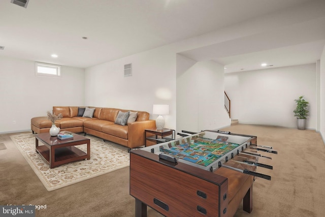 game room with carpet floors, visible vents, and recessed lighting