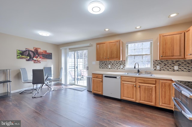 kitchen featuring dark wood-style floors, stainless steel appliances, a sink, and a wealth of natural light