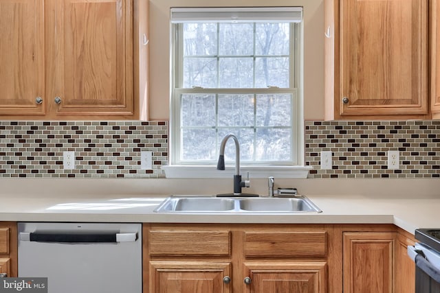 kitchen featuring dishwashing machine, a sink, light countertops, stainless steel electric range, and a wealth of natural light