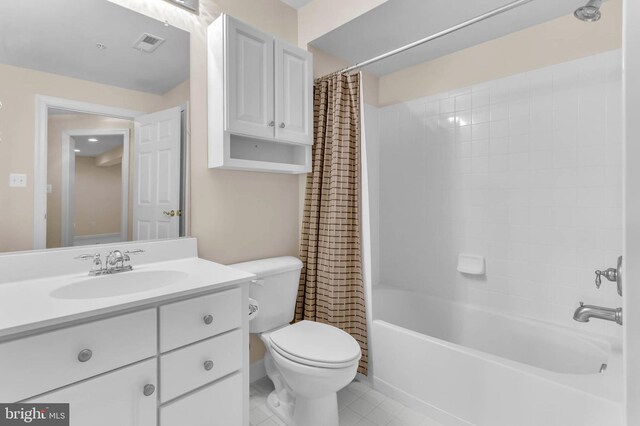 full bath featuring visible vents, toilet, shower / bath combo, tile patterned flooring, and vanity