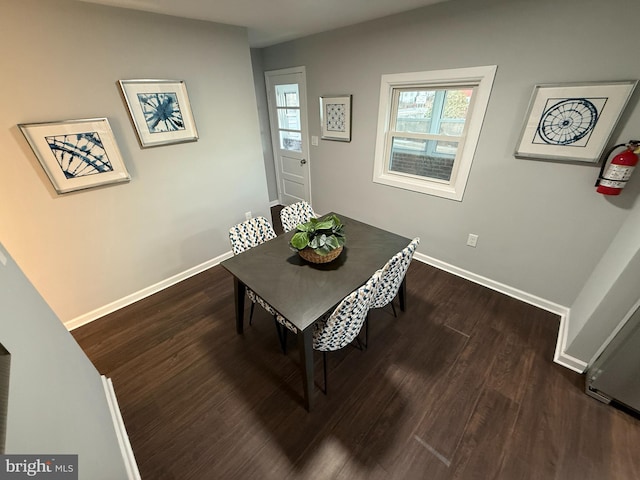 dining area featuring dark wood-style floors and baseboards